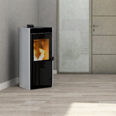 Lareira a pellets preta e cinzenta num ambiente interior moderno