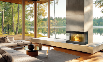 Sala de estar moderna com lareira em pedra e grande janela com vista para lago e árvores