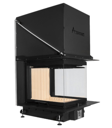 Lareira de canto metálica preta com vidro frontal e lateral