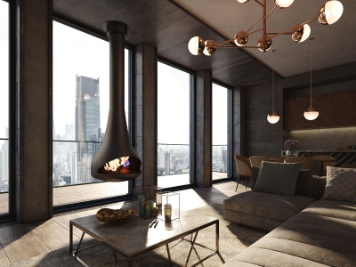 Sala moderna com lareira suspensa e vista para a cidade