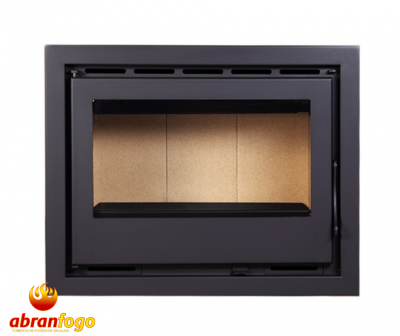 Lareira a lenha preta embutida com vidro frontal e interior bege