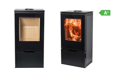 Lareira metálica preta com vidro frontal e selo eficiência A+