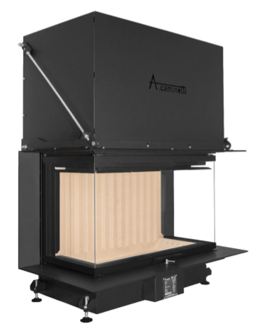 Lareira metálica preta de canto com vidro transparente e interior bege.