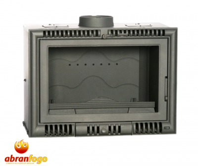 Recuperador de calor metálico cinza com porta de vidro e logotipo abranfogo
