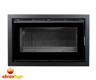 Lareira de embutir preta com porta de vidro e logótipo Abranfogo