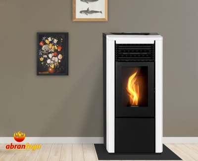 Aparelho de aquecimento a lenha branco e preto com chama visível, quadro floral e quadro de peixes numa parede cinzenta