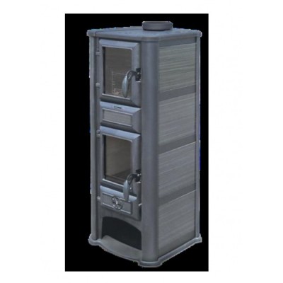 Lareira metálica cinza com duas portas de vidro e puxadores pretos