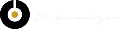 Logótipo minimalista com círculo dourado, linha preta e texto 'cl design' em branco