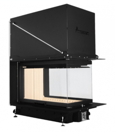 Lareira embutida metálica preta com vidro transparente em três lados