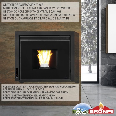 Lareira embutida com porta de vidro preto e chamas