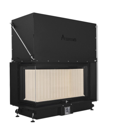 Lareira embutida metálica preta com vidro frontal e interior claro da marca Caminetti