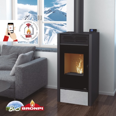 Lareira a pellets preta com painel cinza junto a sofá cinza e janela com vista para montanhas nevadas