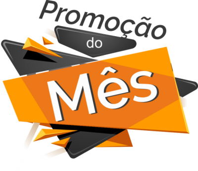 Gráfico com texto Promoção do Mês em formas geométricas laranja, preto e branco