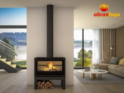 Lareira a lenha moderna numa sala contemporânea com vista natural