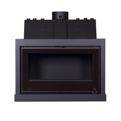 Lareira preta em metal com porta de vidro