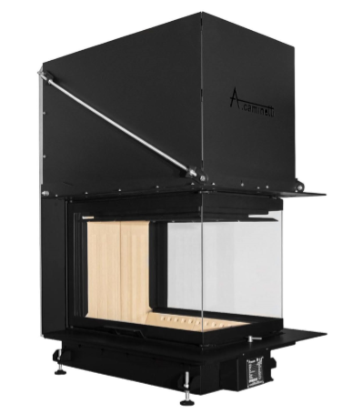 Lareira metálica preta com vidro transparente e interior bege