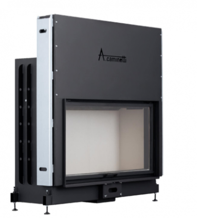 Lareira metálica preta com porta de vidro e texto A.caminetti
