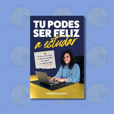 Capa de livro azul escuro e amarelo com texto motivacional e mulher a sorrir com portátil