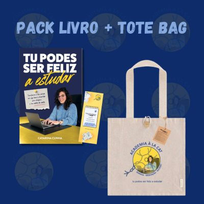 Pack livro com capa azul e saco tote em tecido bege com logótipo e texto