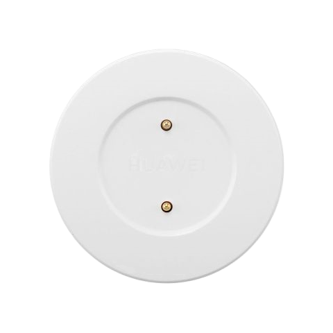 Produto redondo branco com texto e dois conectores dourados