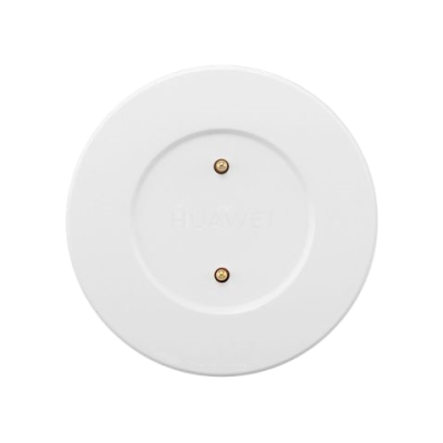 Produto redondo branco com texto e dois conectores dourados