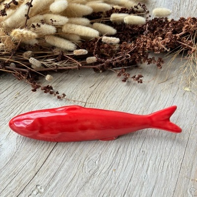 Peixe decorativo vermelho em cerâmica com plantas secas ao fundo