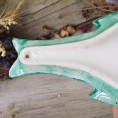 Prato cerâmico verde e branco sobre superfície de madeira com plantas secas ao lado