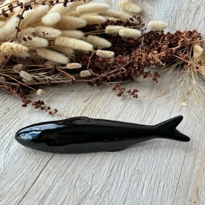 Objeto em forma de peixe preto brilhante sobre superfície de madeira clara com plantas secas ao fundo.