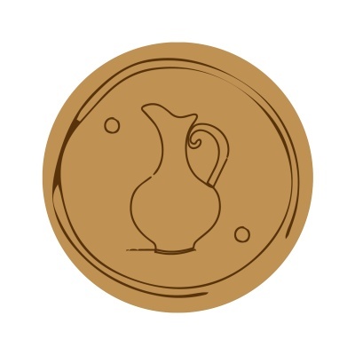 Ícone redondo castanho com desenho de jarro estilizado em linha preta