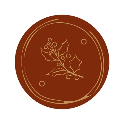 Símbolo circular castanho com desenho dourado de ramos e bagas no centro