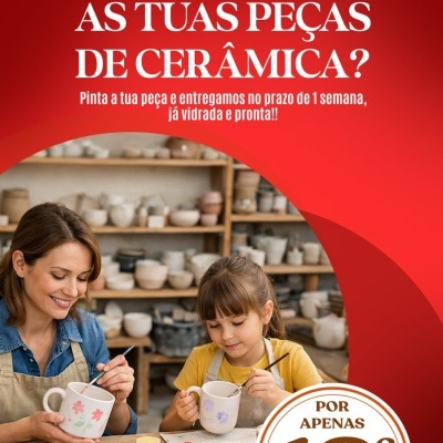 Anúncio da A Creativa Ceramics para pintura de peças de cerâmica com mulher e criança a pintar canecas.