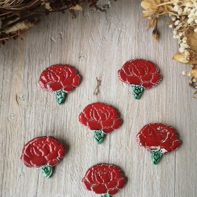 Seis pins de cravo vermelho esmaltados sobre madeira clara com flores secas ao fundo