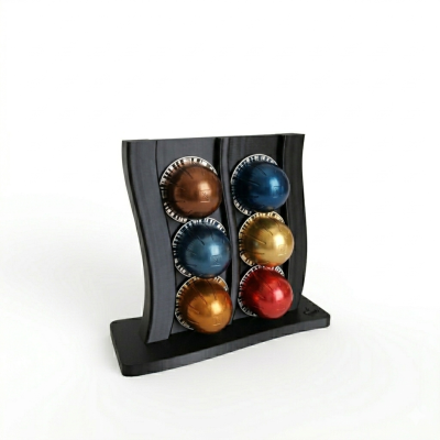 Suporte preto curvo para cápsulas de café com cápsulas coloridas.