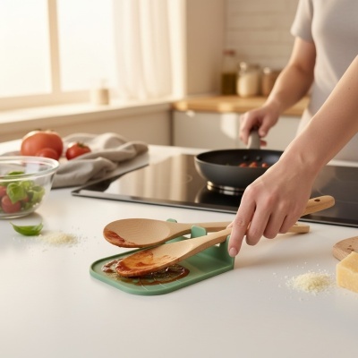Descanso para colheres verde com colheres de madeira e molho numa cozinha moderna
