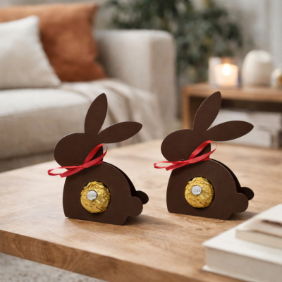 Dois coelhos de madeira castanha com bombons Ferrero Rocher na mesa