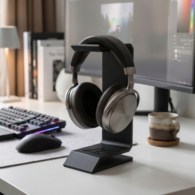 Auriculares cinza sem fios com suporte preto numa secretária branca com teclado e monitor