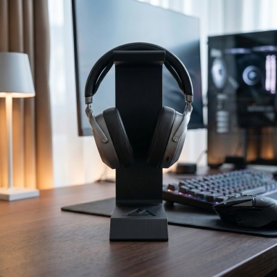 Auriculares sem fios pretos com detalhes prateados num suporte numa secretária