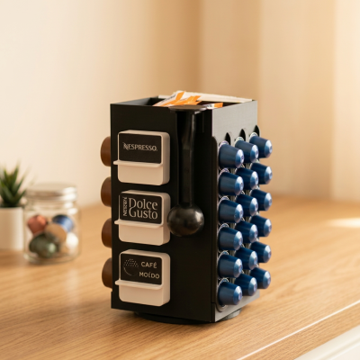 Organizador de cápsulas de café preto com cápsulas azuis em suporte metálico contra parede clara
