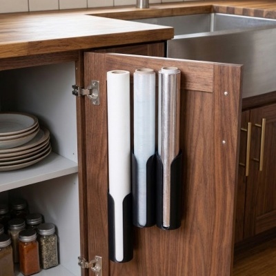 Suporte para rolos fixado na porta de um armário de cozinha em madeira