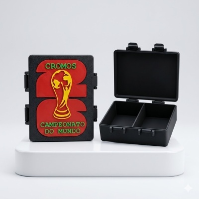 Estojo preto de plástico com tampa decorada em relevo e texto CROMOS CAMPEONATO DO MUNDO.