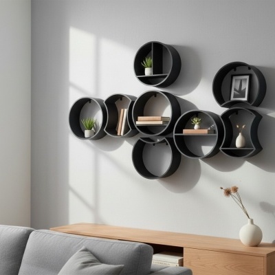 Prateleiras de parede pretas circulares com decoração, montadas numa parede branca acima de móvel de madeira clara e sofá cinza.