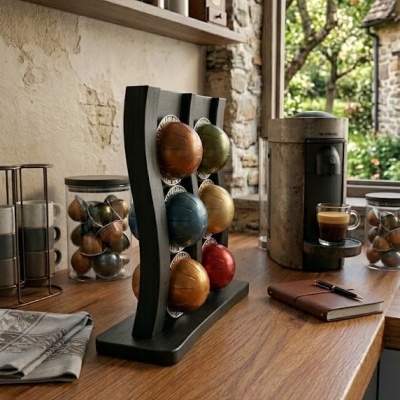 Porta cápsulas de café com cápsulas coloridas e máquina de café em bancada de madeira junto a janela