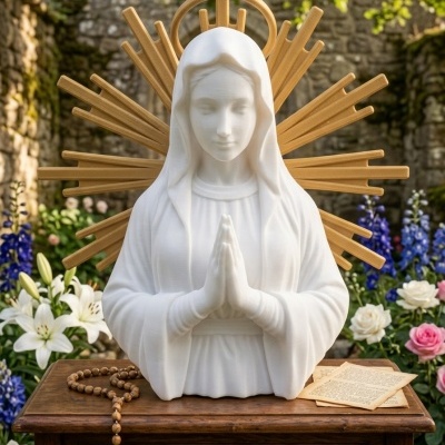 Busto branco de figura religiosa feminina com auréola dourada em móvel de madeira entalhada com rosário e papéis, jardim ao fundo