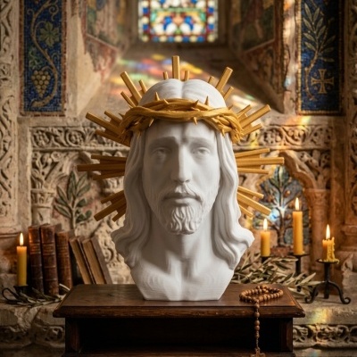Busto de Jesus Cristo branco com coroa de espinhos dourada e raios, colocado sobre um móvel de madeira escura em ambiente decorado com vitral e velas