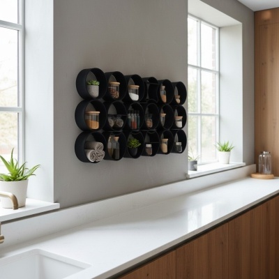 Organizador de parede preto com frascos e plantas numa cozinha moderna