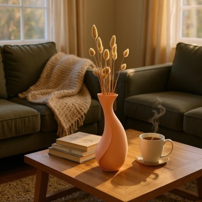 Vaso cerâmico salmão com flores secas numa mesa de madeira ao lado de sofá verde e manta bege