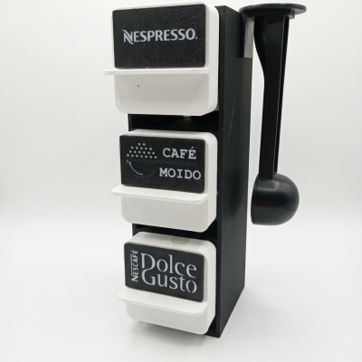 Dispenser plástico preto com três compartimentos brancos rotulados para café