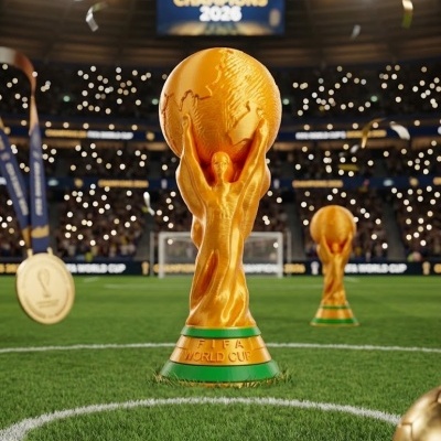 Troféus dourados da FIFA World Cup num estádio de futebol com iluminação e placar CHAMPIONS 2026