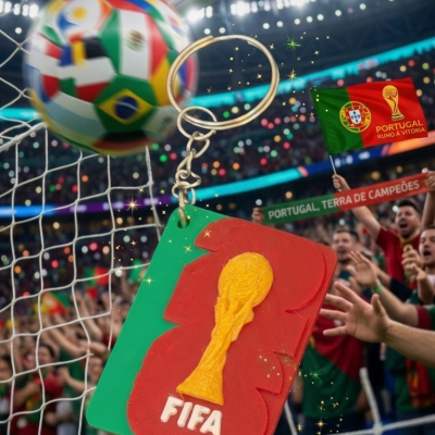 Chaveiro FIFA com troféu dourado pendurado numa rede de baliza de futebol