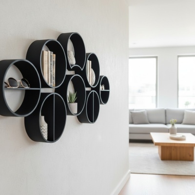 Estante de parede negra circular com livros e objetos decorativos numa sala moderna